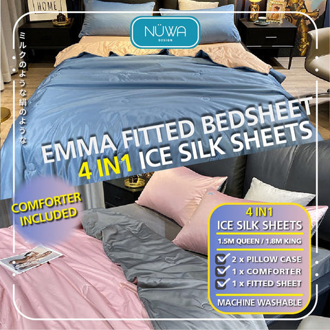 Emma 4 in 1 Bedsheet Mix Duvet Comforter Linen Bedding Sets Sheets Selimut Comforter Bed Linen Fitted Sejuk Soft