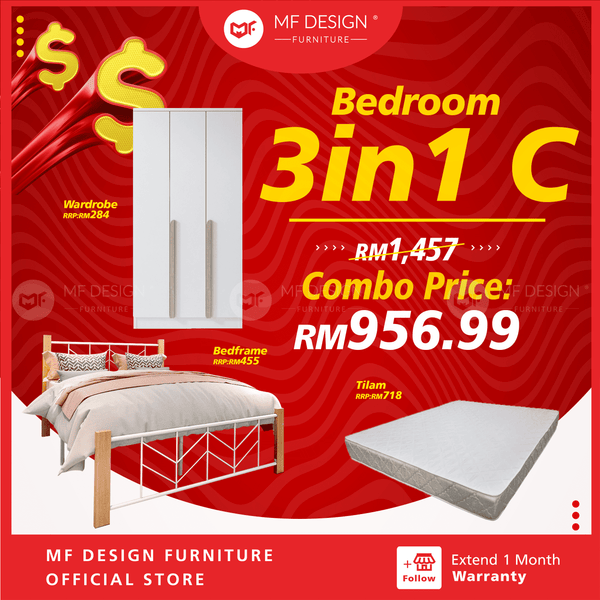 [Bundle Deal] Bedroom bundle 3in1 C wadrobe chest drawer bed tilam katil besi almari laci tilam set baru