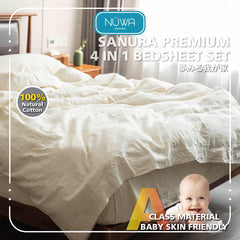 Sanura 4 in 1 Cadar Premium Natural Cotton Queen King Bedsheet Selimut Comforter Bolster Bed Linen Fitted Sejuk